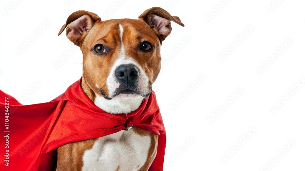 a brown and white dog wearing a red cape, set against a white background a brown and white dog wearing a red cape, set against a white background