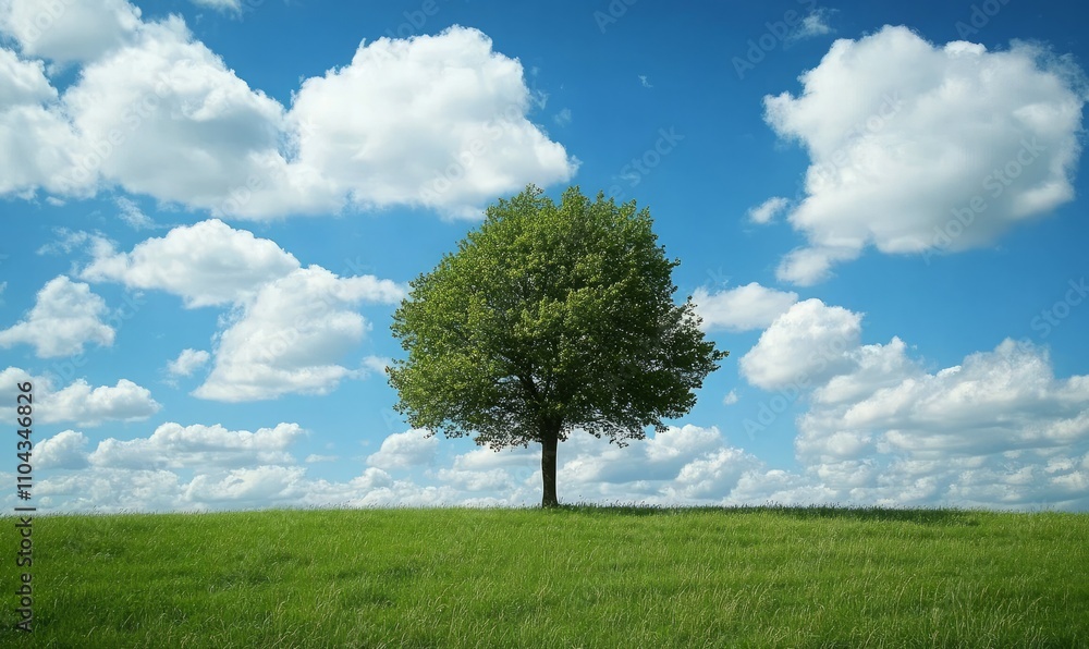 A lone tree stands tall in a green field under a wide, blue sky A lone tree stands tall in a green field under a wide, blue sky