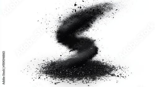  a black powder explosion on a white background, creating a stark contrast between the two colors The powder appears to be in the shape of a spiral, with the black