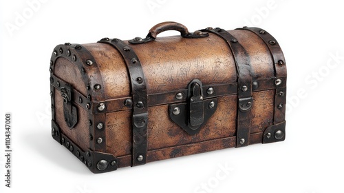  an old wooden chest with a lock on it, set against a white background It appears to be a treasure chest, with a handle on the top and a latch on the front The che