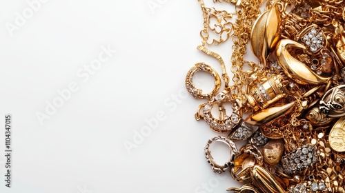  a pile of gold jewelry on a white background The jewelry consists of a variety of chains and pendants, all of which are glimmering in the light