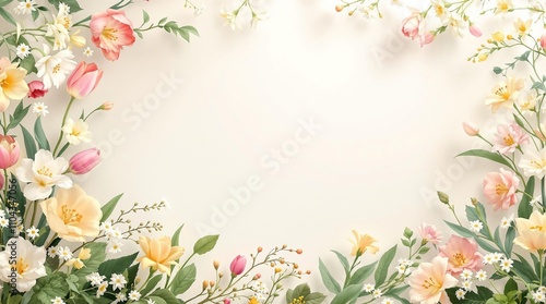 Wallpaper Mural A whimsical floral border with tulips, daffodils, and lilies in shades of pink and yellow, border, tulips, yellow Torontodigital.ca