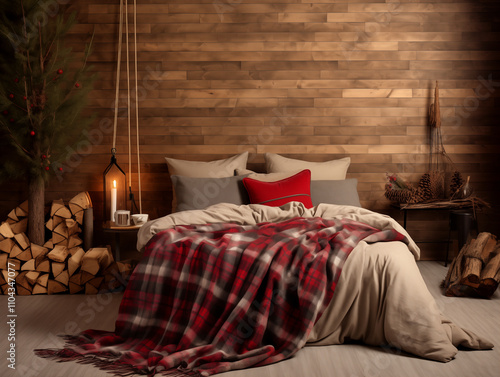 Scandinavian style modern minimalist bedroom with wood panneling and simple Christmas decor. Plaid accent interior. Christmas interior. photo