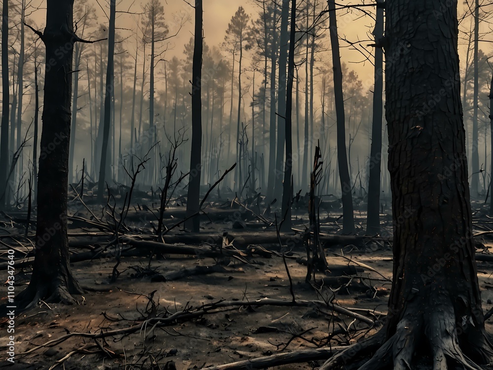 Burnt trees and bushes after a forest fire, symbolizing environmental damage. Burnt trees and bushes after a forest fire, symbolizing environmental damage.