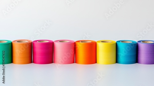  a row of colorful rolls of fabric on a white background The rolls are arranged in a neat line and come in a variety of colors, ranging from bright blues and greens