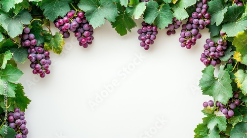  a bunch of grapes hanging from a vine with lush green leaves against a white background The grapes are a deep purple color and the leaves are a vibrant green The photo