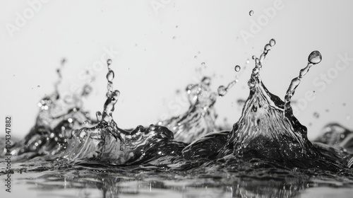  a black and white photo of water splashing in the air against a white background The water droplets are clearly visible, creating a dynamic and captivating scene