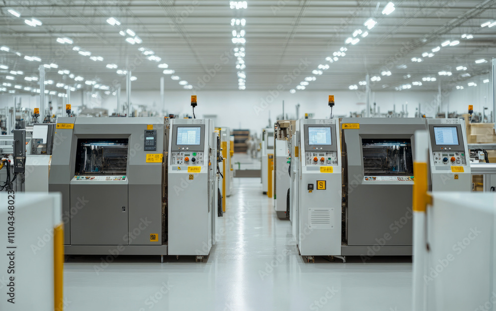 Modern electronics manufacturing facility with automated machinery in a spacious factory setting Modern electronics manufacturing facility with automated machinery in a spacious factory setting