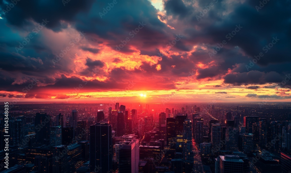 Fototapeta premium A city skyline with a beautiful sunset in the background