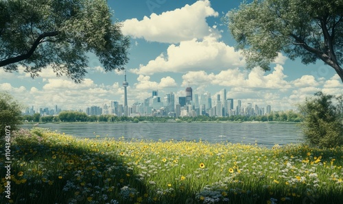A city skyline is visible from a large open space