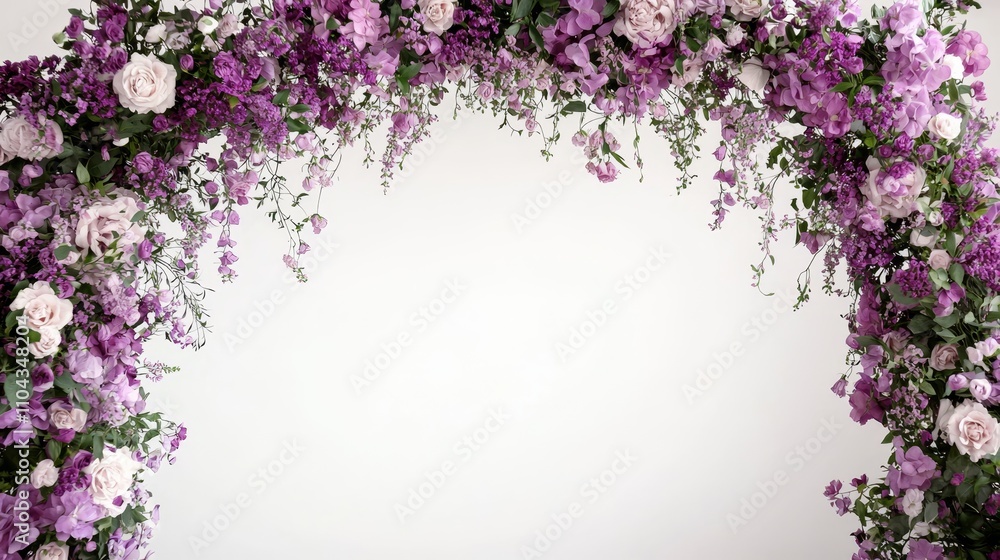 a wedding arch decorated with purple and white flowers and leaves, set against a white background The flowers are arranged in a way that creates a beautiful and ro a wedding arch decorated with purple and white flowers and leaves, set against a white background The flowers are arranged in a way that creates a beautiful and ro