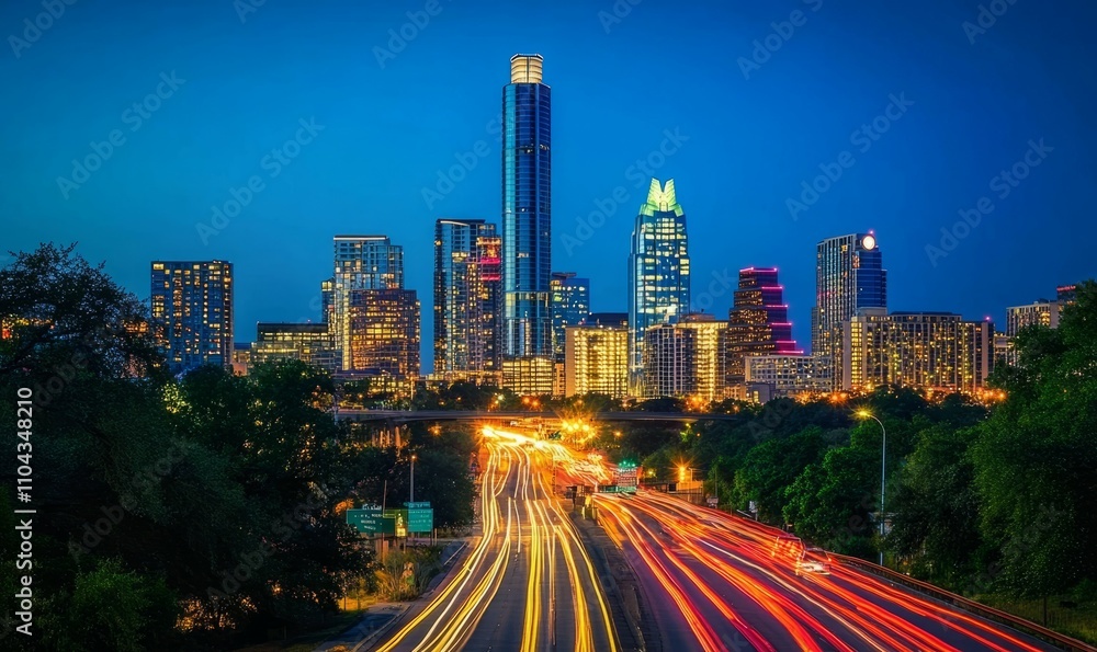 Naklejka premium A city skyline with a large building in the middle