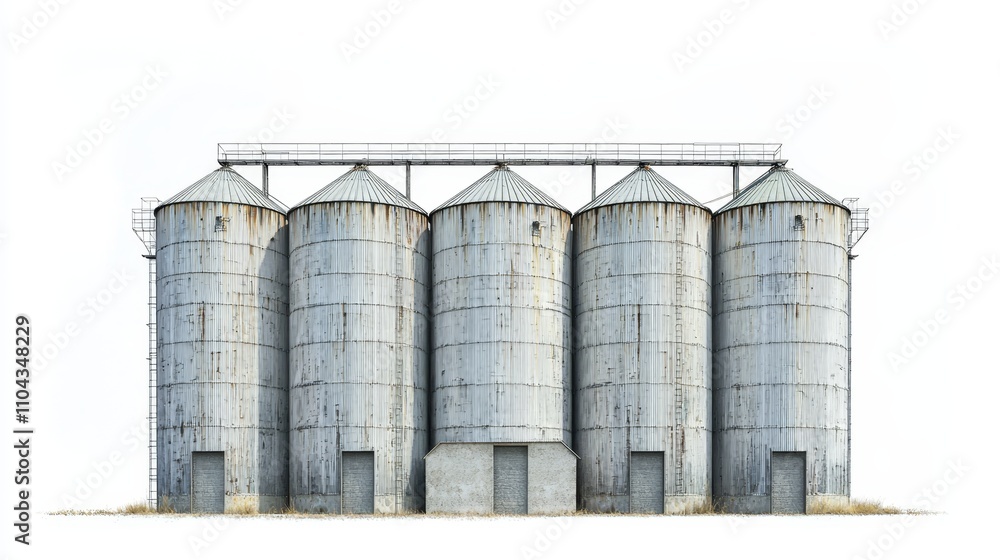 a group of five metal grain bins sitting on top of a grass covered field, with a white background The grain bins are arranged in a neat row, and the grass is visib a group of five metal grain bins sitting on top of a grass covered field, with a white background The grain bins are arranged in a neat row, and the grass is visib