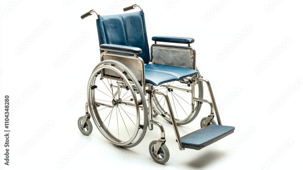 Fototapeta premium a blue wheelchair with wheels and footrests on a white background