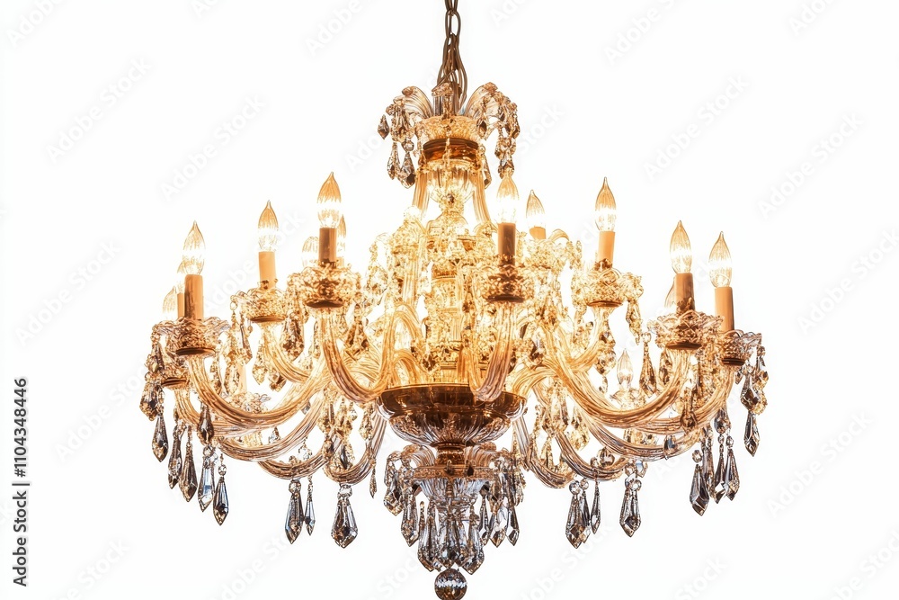Ornate crystal chandelier, golden, many lights. Ornate crystal chandelier, golden, many lights.