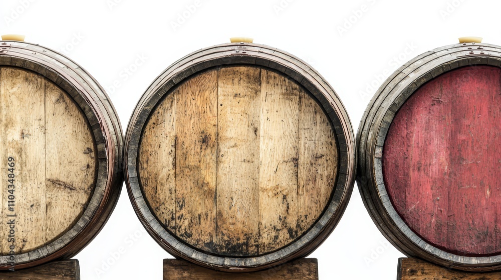 three wooden barrels of wine sitting on top of each other on wooden stands against a white background The barrels are of varying sizes and colors, with one being a three wooden barrels of wine sitting on top of each other on wooden stands against a white background The barrels are of varying sizes and colors, with one being a