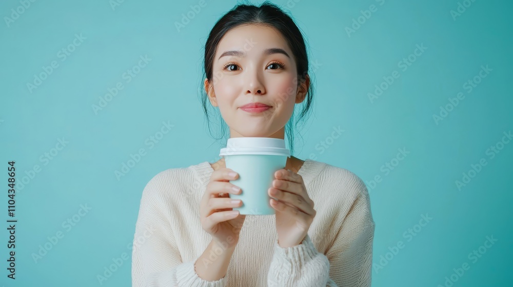 a woman wearing a white dress, holding a cup of coffee in her hands against a blue background a woman wearing a white dress, holding a cup of coffee in her hands against a blue background