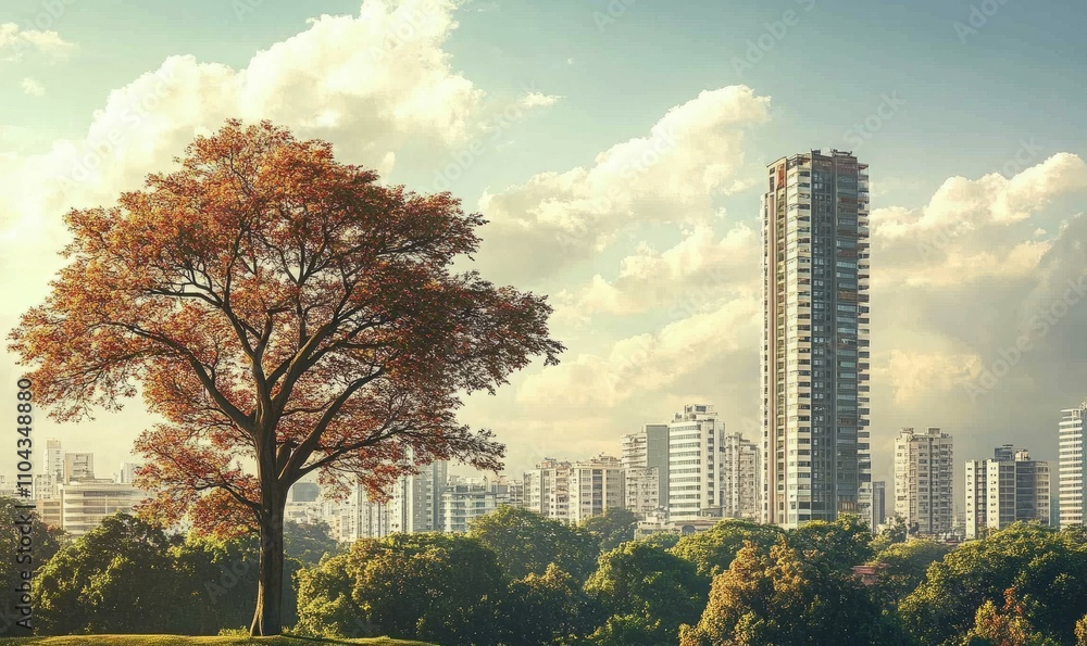 Obraz premium A cityscape with a tall building in the background and a tree in the foreground