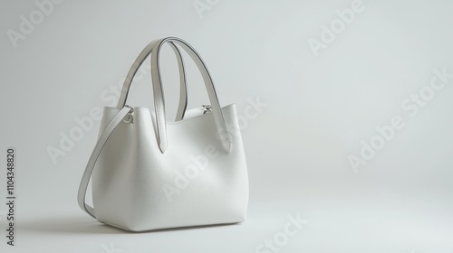  a white tote bag on a white background The bag is made of a sturdy material and has a sleek, modern design It has two handles and a spacious interior, perfect for