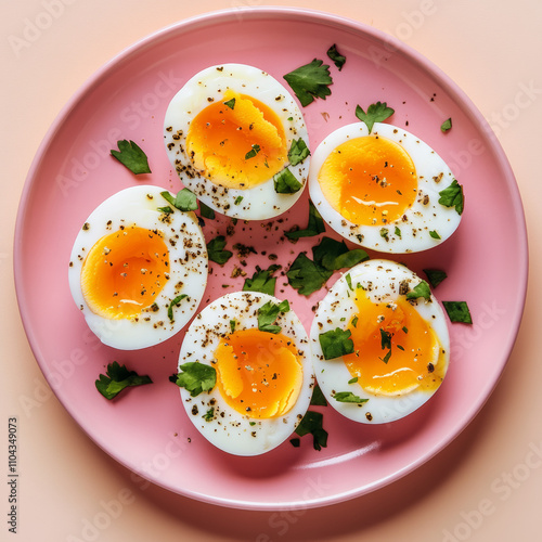  Medium-boiled egg healthy food on pink dish.