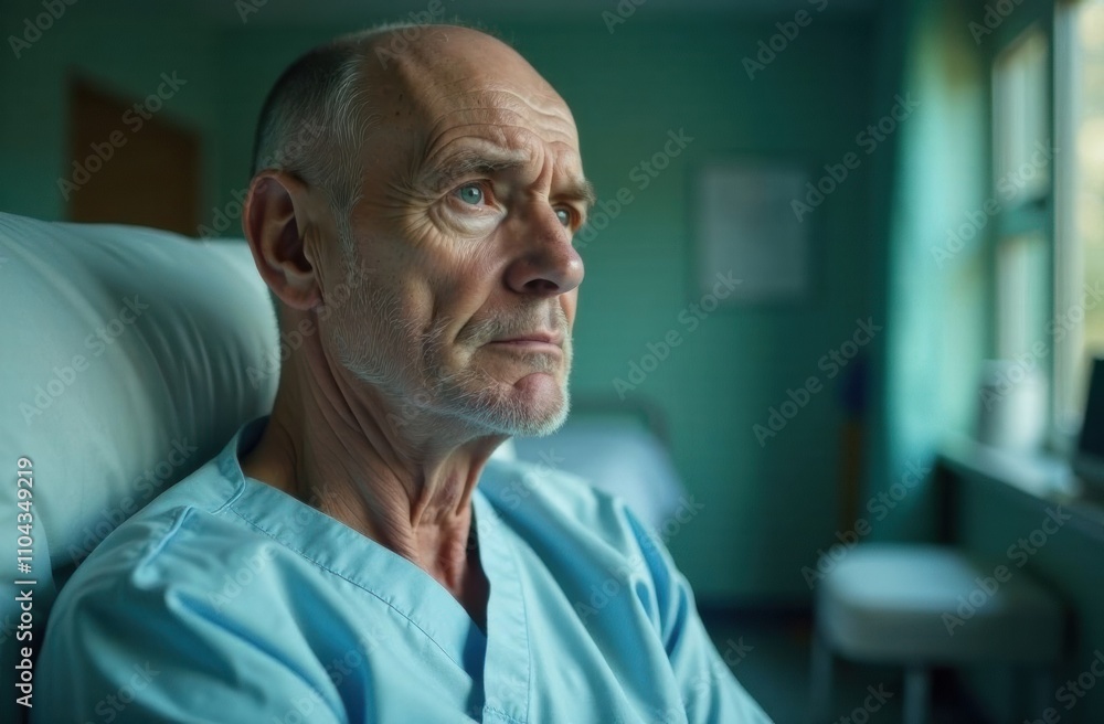 An elderly man sits in a hospital room, wearing blue scrubs, lost in thought as warm afternoon light filters through the windows. Generative AI An elderly man sits in a hospital room, wearing blue scrubs, lost in thought as warm afternoon light filters through the windows. Generative AI