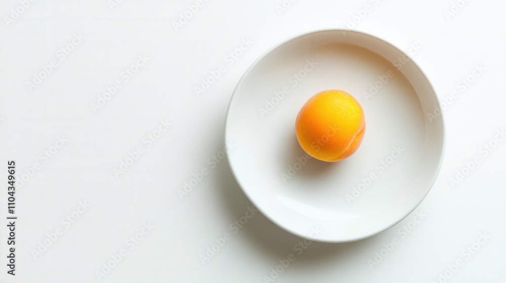 現代的なデザインのための、白い皿ときれいな背景にオレンジ色の果物を 1 つだけ載せたミニマリストな航空写真 現代的なデザインのための、白い皿ときれいな背景にオレンジ色の果物を 1 つだけ載せたミニマリストな航空写真