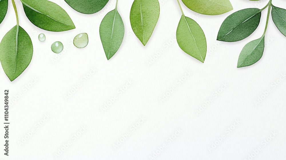 Fototapeta premium Realistic green leaves with water droplets, white background, minimalistic botanical composition, fresh and vibrant foliage, nature-inspired design, elegant and clean artwork