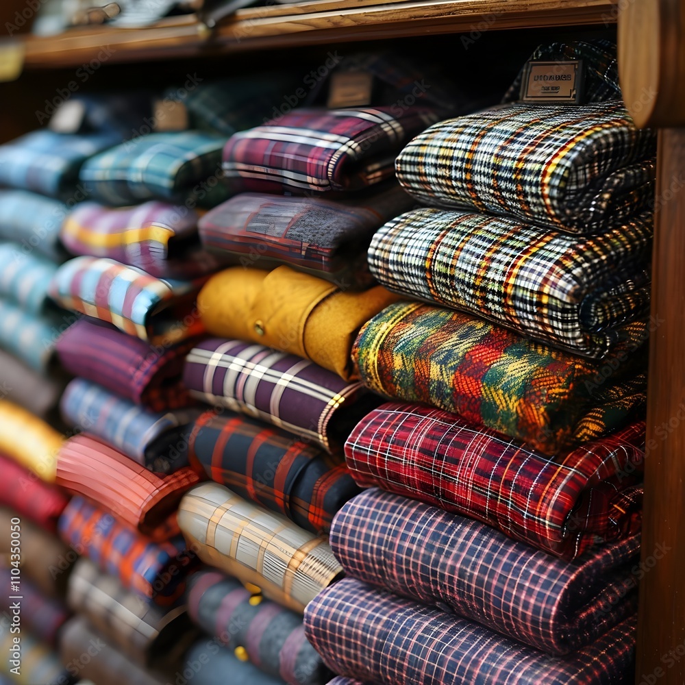 A rack of plaid shirts and plaid pants A rack of plaid shirts and plaid pants