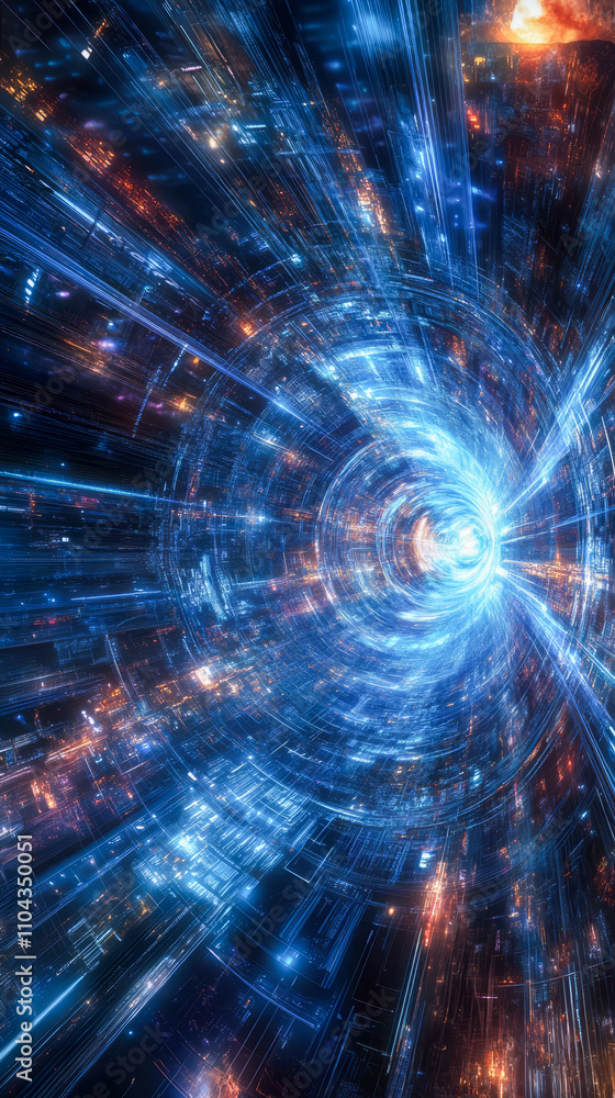 Futuristic time travel vortex with bright light and digital effects Futuristic time travel vortex with bright light and digital effects