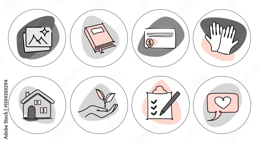 A set of hand-drawn highlights in line art style for the design and promotion of social networks. A set of hand-drawn highlights in line art style for the design and promotion of social networks.