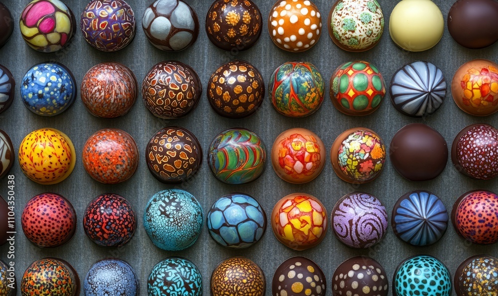 A colorful array of hand painted chocolates each one a little work of art with intricate designs and patterns hiding a surprise of fruity creme or liqueur inside A colorful array of hand painted chocolates each one a little work of art with intricate designs and patterns hiding a surprise of fruity creme or liqueur inside
