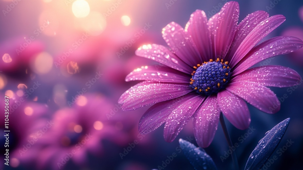 Close-up of a Stunning Purple Flower with Dew Drops, A Breathtaking Floral Beauty in Nature's Embrace Close-up of a Stunning Purple Flower with Dew Drops, A Breathtaking Floral Beauty in Nature's Embrace
