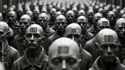 Dystopian Society Depicted Through Barcoded Foreheads and Human Dehumanization photo