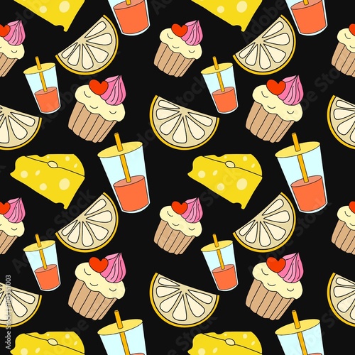 Cupcake with drinks seamless pattern on background.