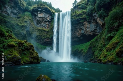 Water rushes powerfully over the edge of a cliff into a clear, calm pool, enveloped by verdant hills and foliage, creating a peaceful atmosphere. Generative AI