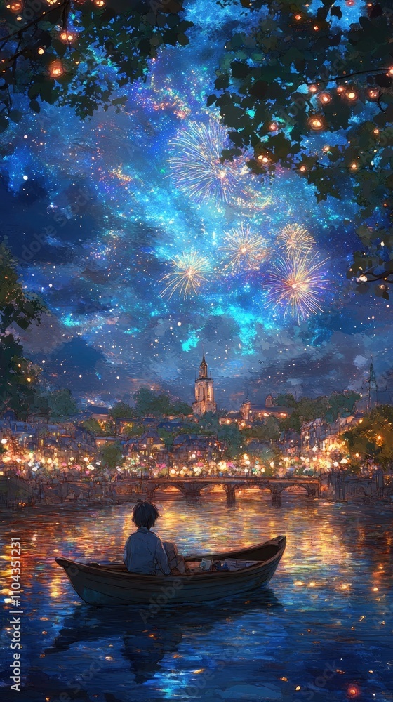 Obraz premium Magical Night Sky: Fireworks and Stars Reflecting on Tranquil River Scene