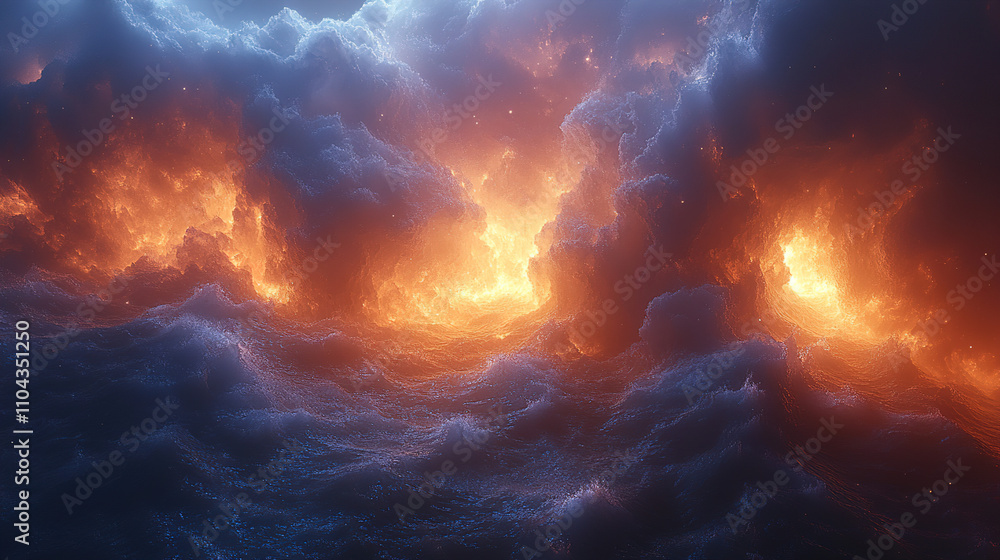 Vibrant display of fiery orange and blue waves illuminated by dramatic clouds during an intense sunset glow. Generative AI Vibrant display of fiery orange and blue waves illuminated by dramatic clouds during an intense sunset glow. Generative AI