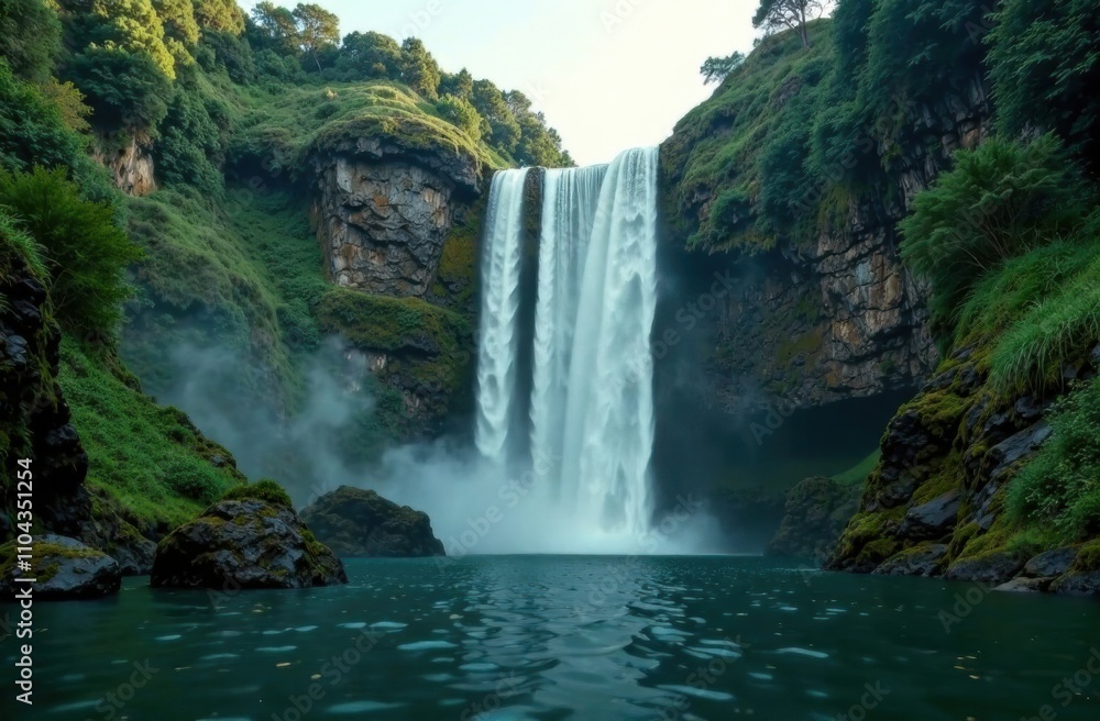 Fototapeta premium A breathtaking waterfall flows powerfully into a calm turquoise pool, enveloped by dense green foliage under a clear sky. Generative AI