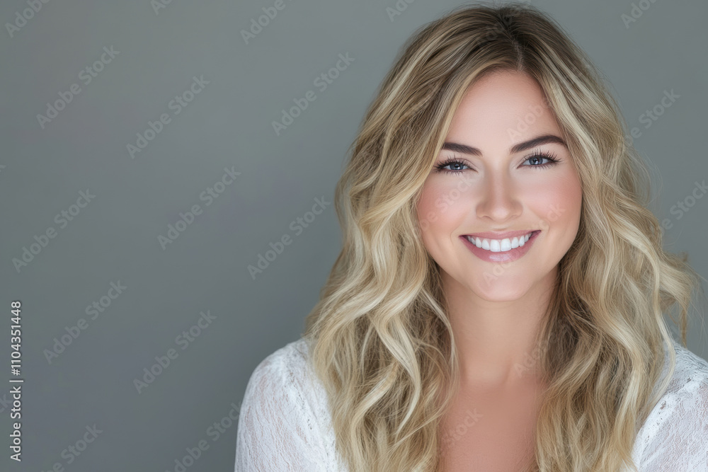 Smiling woman with wavy blonde hair in a light setting posing for a portrait Smiling woman with wavy blonde hair in a light setting posing for a portrait