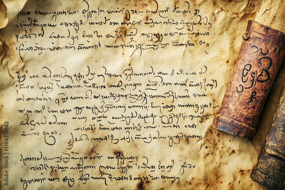 Fototapeta premium Aged parchment displays ancient script, bound scrolls.