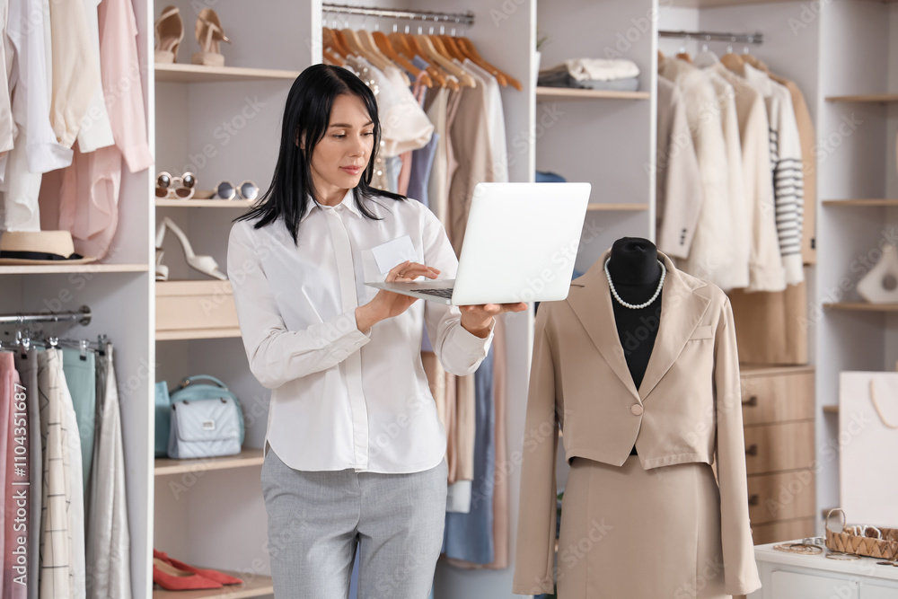 Female seller working with laptop in clothing store Female seller working with laptop in clothing store