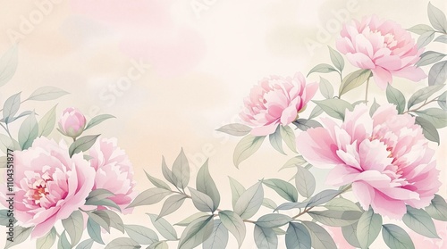 Beautiful watercolor painting of blooming peony flowers and leaves, leaves, blooming, flowers, painting, beautiful