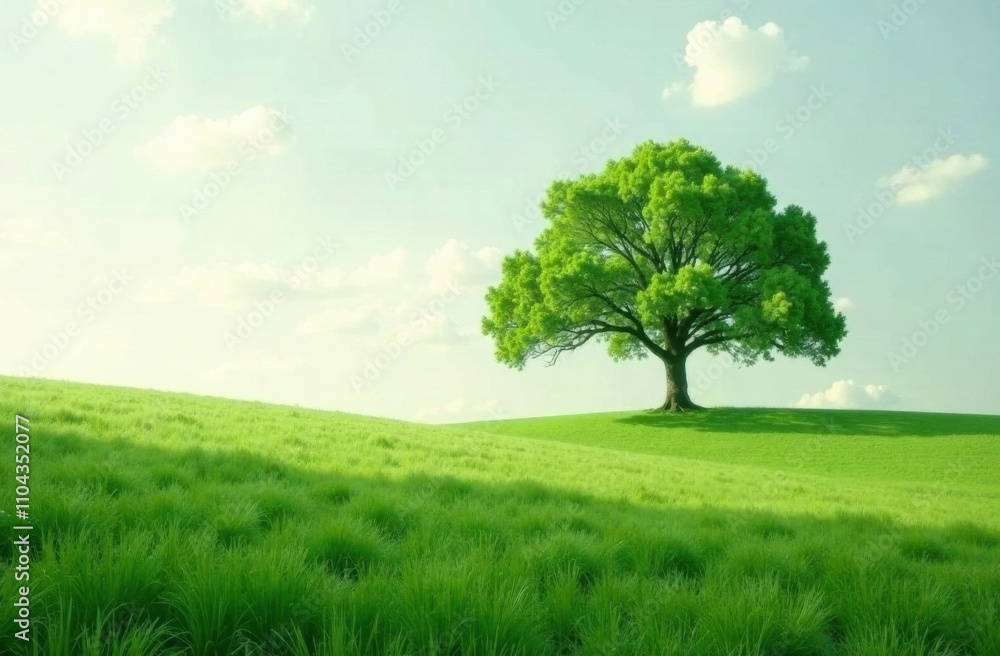 A solitary, lush green tree rises prominently on a gentle hill, surrounded by vibrant grass and bathed in warm sunlight, creating a serene atmosphere. Generative AI A solitary, lush green tree rises prominently on a gentle hill, surrounded by vibrant grass and bathed in warm sunlight, creating a serene atmosphere. Generative AI