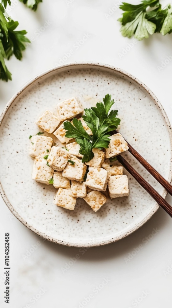 新鮮な豆腐の角切りとパセリの飾りを斑点模様の皿に載せた、すっきりとしたフードデザインのミニマリストな航空写真 新鮮な豆腐の角切りとパセリの飾りを斑点模様の皿に載せた、すっきりとしたフードデザインのミニマリストな航空写真