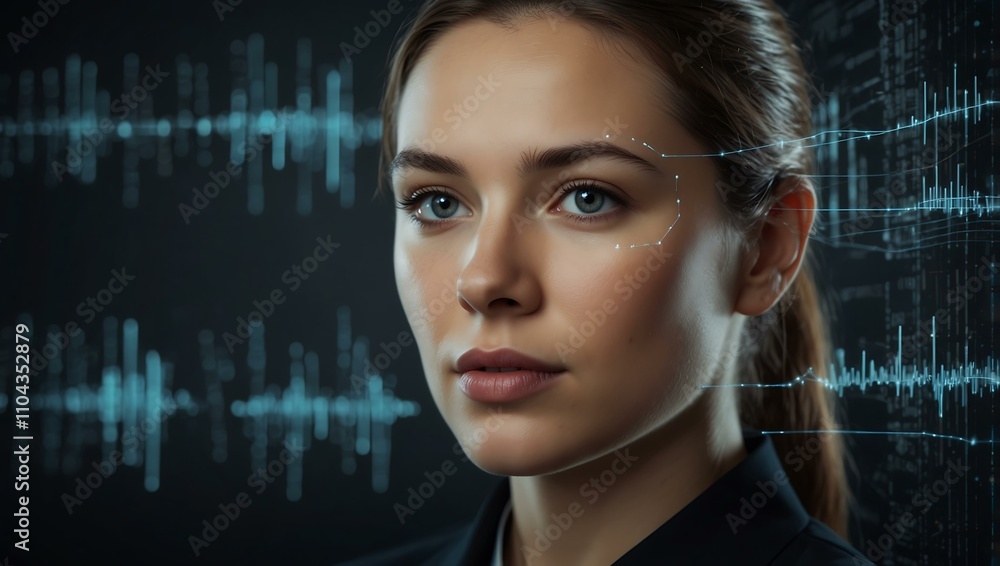 Businesswoman with AI and data overlays. Businesswoman with AI and data overlays.