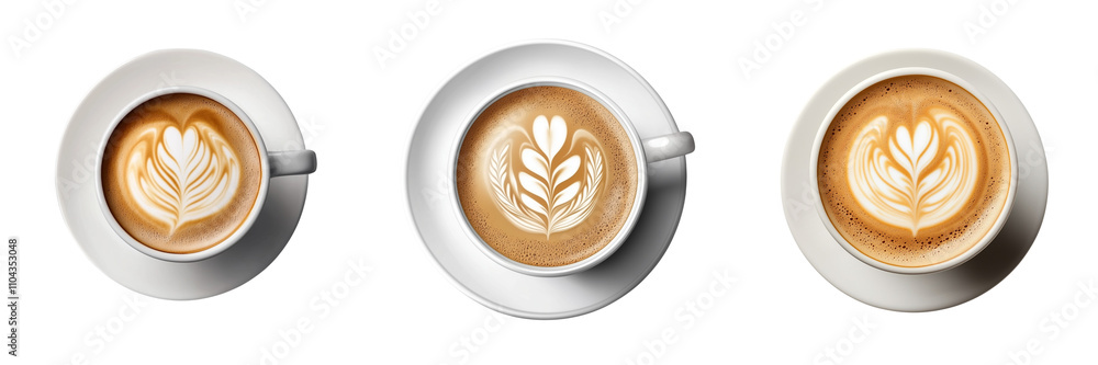 Set of a, A cup of coffee with latte art in a white mug, isolated on a transparent background. Set of a, A cup of coffee with latte art in a white mug, isolated on a transparent background.