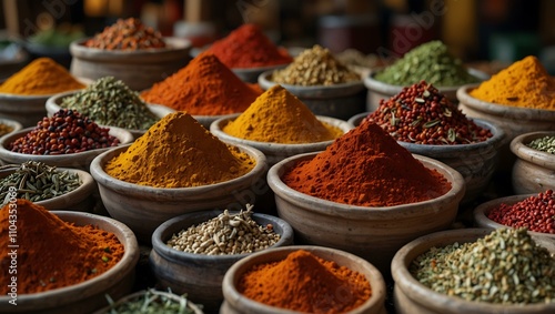 Fototapeta Naklejka Na Ścianę i Meble -  Bustling spice market with colorful spices and herbs.