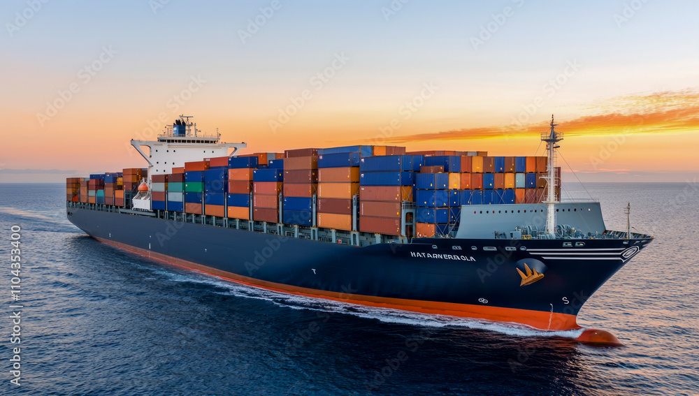 Fototapeta premium Large cargo ship navigating at sunset with stacked containers