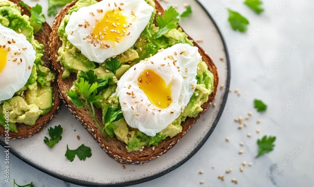 A simple yet elegant display of whole-grain toast topped with smashed avocado and poached eggs, garnished with sesame seeds and fresh herbs for a nutritious start to the day A simple yet elegant display of whole-grain toast topped with smashed avocado and poached eggs, garnished with sesame seeds and fresh herbs for a nutritious start to the day