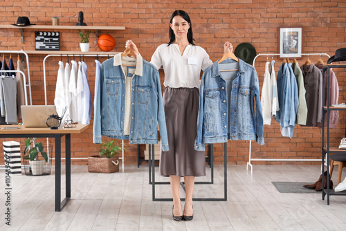 Female seller with denim ja...